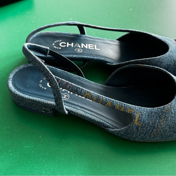 Chanel Denim light blue Shoes 22S Slingback Flat with Colorful Logos 37.5- 7.5 - Picture 6 of 8